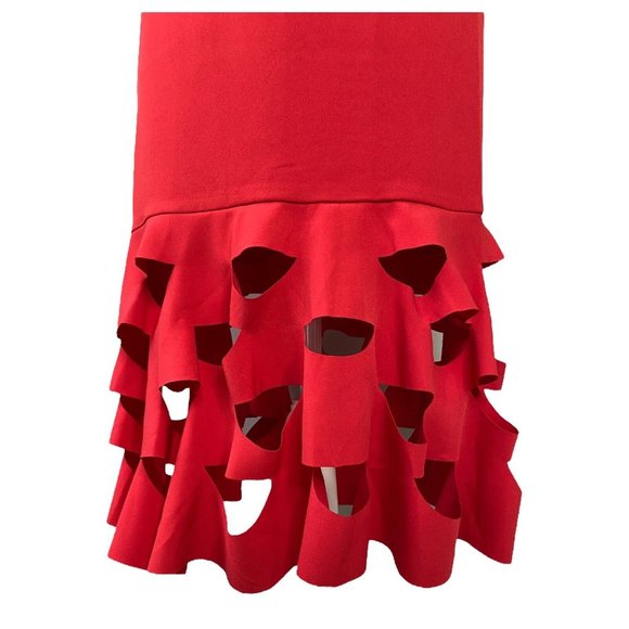 Women’s Red Cutout Ruffle Midi Fit Flare Dress Medium, Size 6US Imported NWT - Picture 2 of 9